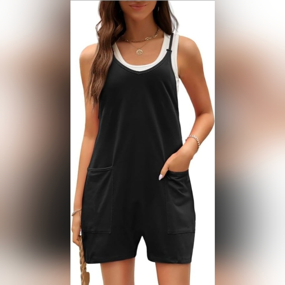 Black Sleeveless Loose Overal Jumpers Romper with Pockets